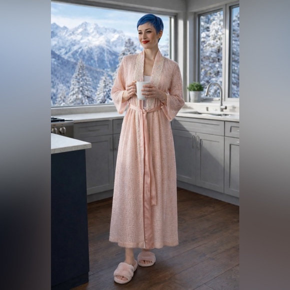 Natori Other - Natori Vintage Blush Pink Crochet Knit Long Robe Lace Size M